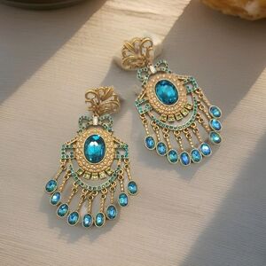 Vintage Estate Forstner Blue Crystal Fleur-de-Lis Gold Chandelier Earrings